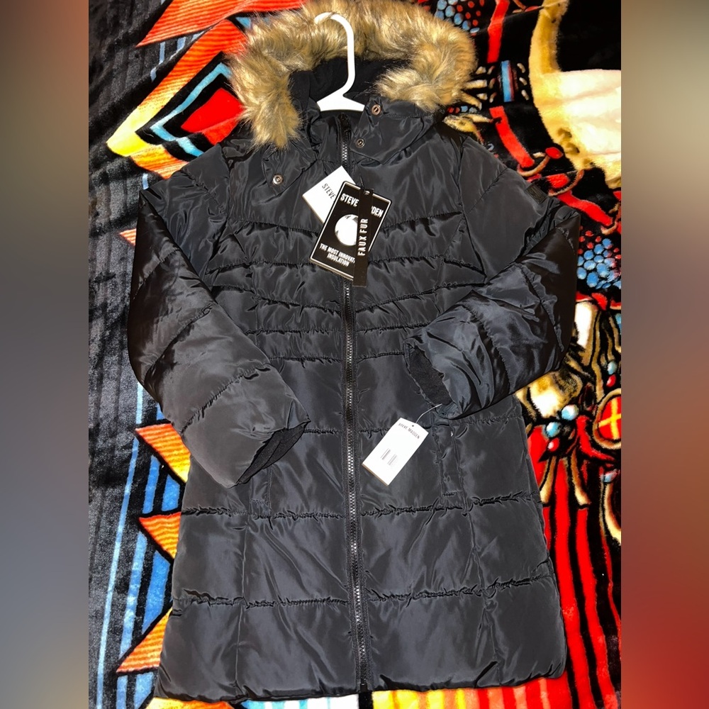 Steve Madden Black Puffer Jacket with Fur Hood GIRLS 7/8